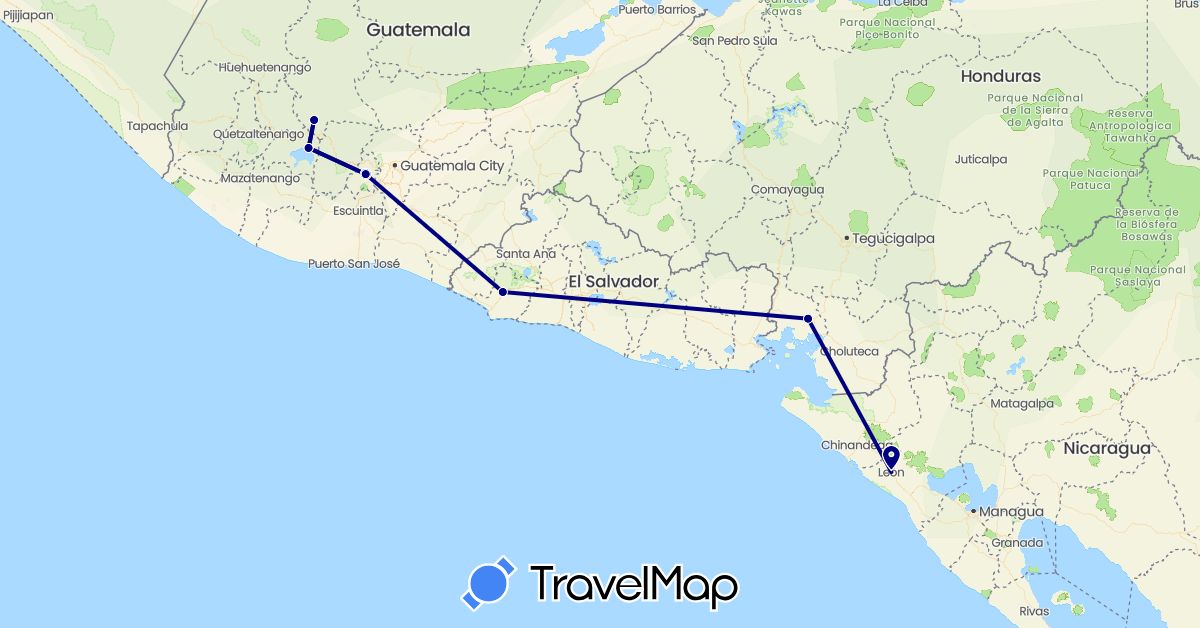 TravelMap itinerary: driving in Guatemala, Honduras, Nicaragua, El Salvador (North America)